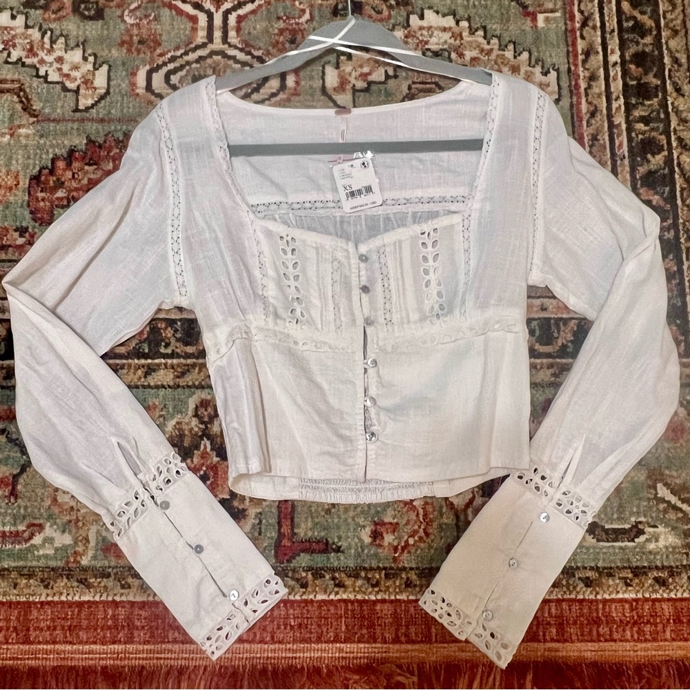 Free People Joi lace trimmed square neck cotton blouse XS NWT